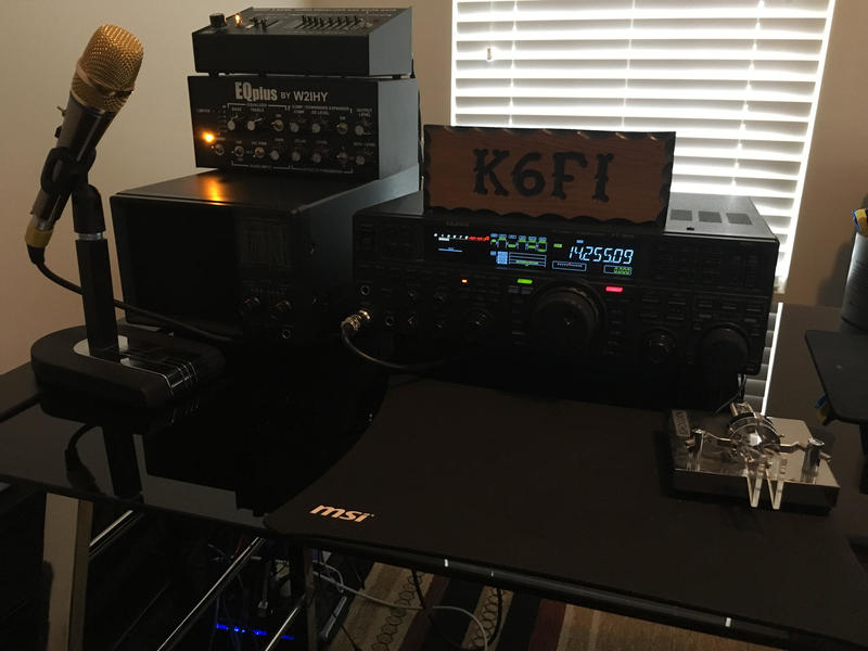 Yaesu FT-950, a W2IHY EQPlus, and a Heil microphone on the desk
